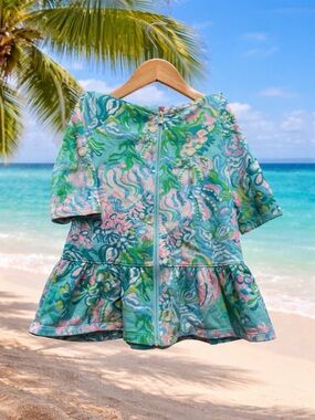 Lilly Pulitzer Aqua and Pink Girls' Hooded zip up Dress coverup size XS 2-3